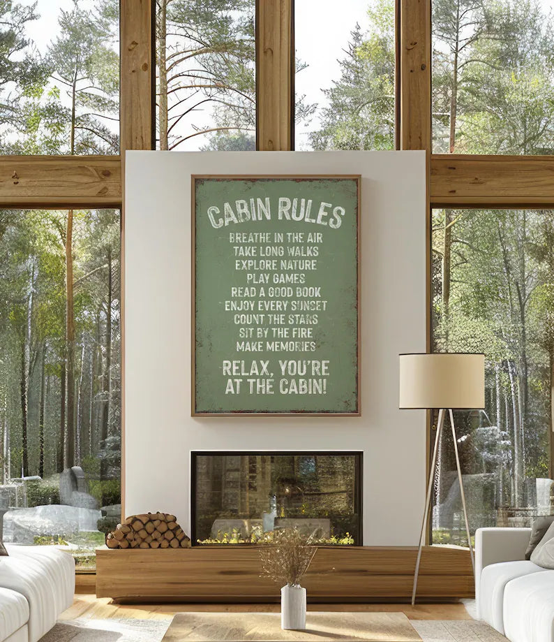 Retro "CABIN RULES" Sign in Seagrass Green, Natural and Neutral Green Wall Art for Calm Home Decor, Vintage Funny Ski House Rules Sign