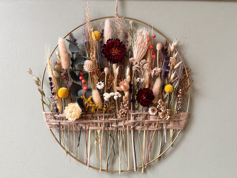 Wildflower Meadow Wall Hanging - Natural Interior Decor with Diverse Floral Arrangement, Handcrafted Rustic Bohemian Style