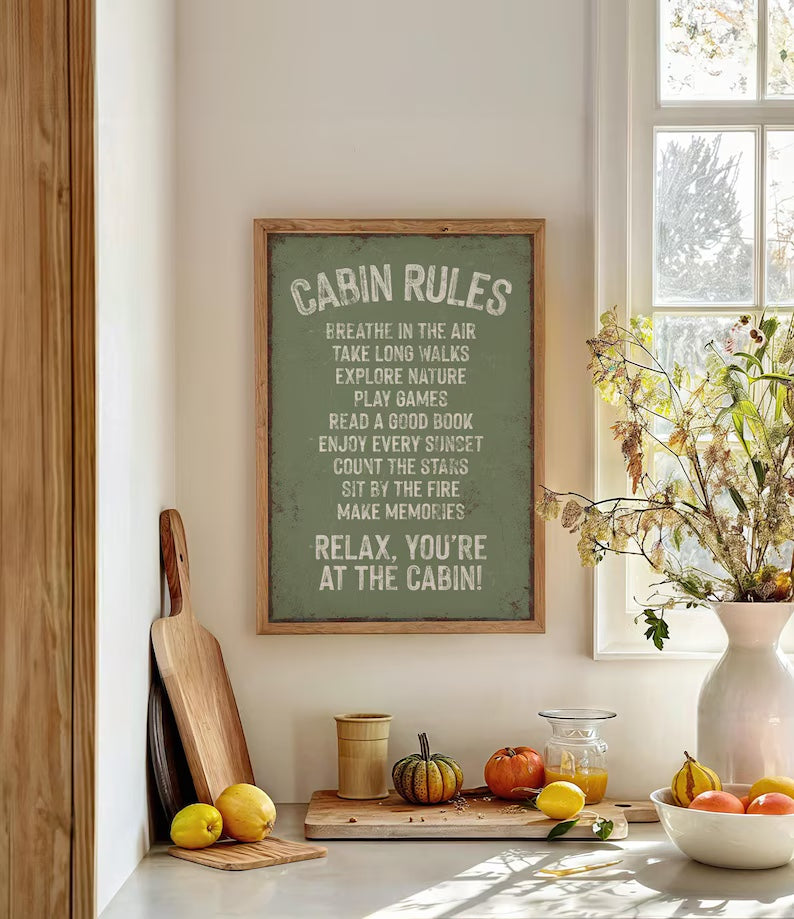 Retro "CABIN RULES" Sign in Seagrass Green, Natural and Neutral Green Wall Art for Calm Home Decor, Vintage Funny Ski House Rules Sign