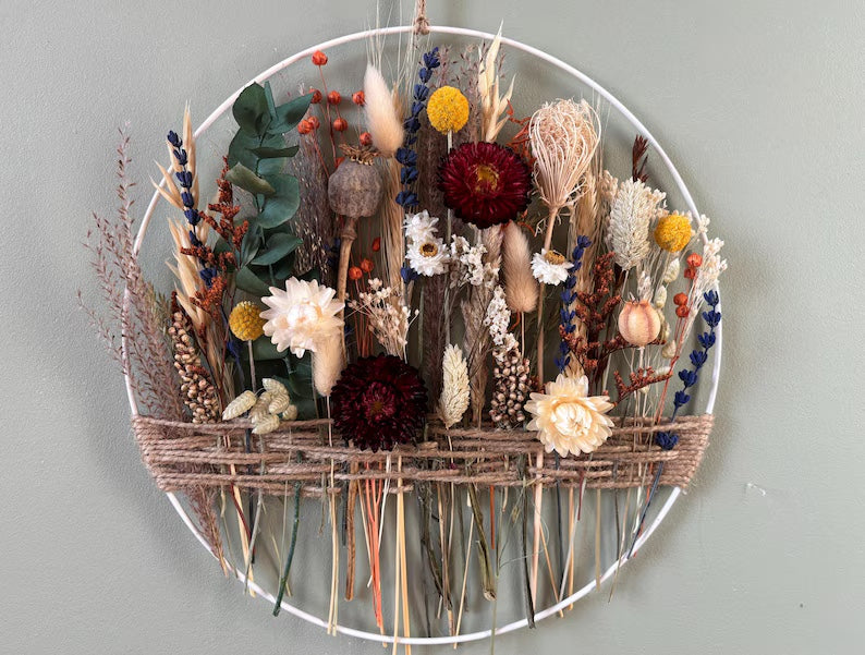 Wildflower Meadow Wall Hanging - Natural Interior Decor with Diverse Floral Arrangement, Handcrafted Rustic Bohemian Style